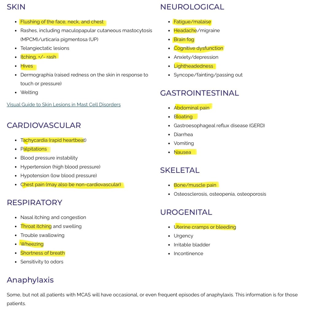 Infographic listing various symptoms and conditions related to skin, neurological, gastrointestinal, cardiovascular, respiratory, skeletal, and urogenital systems, with highlighted key terms.