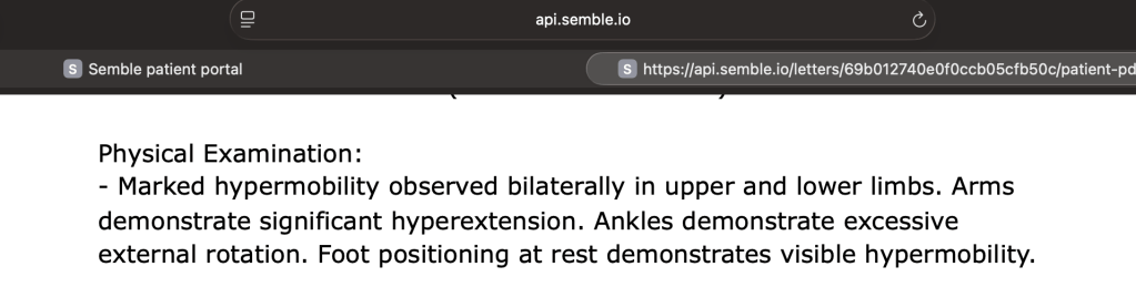 Screenshot of a patient portal displaying a physical examination report noting marked hypermobility in upper and lower limbs, including significant hyperextension in arms and excessive external rotation in ankles.